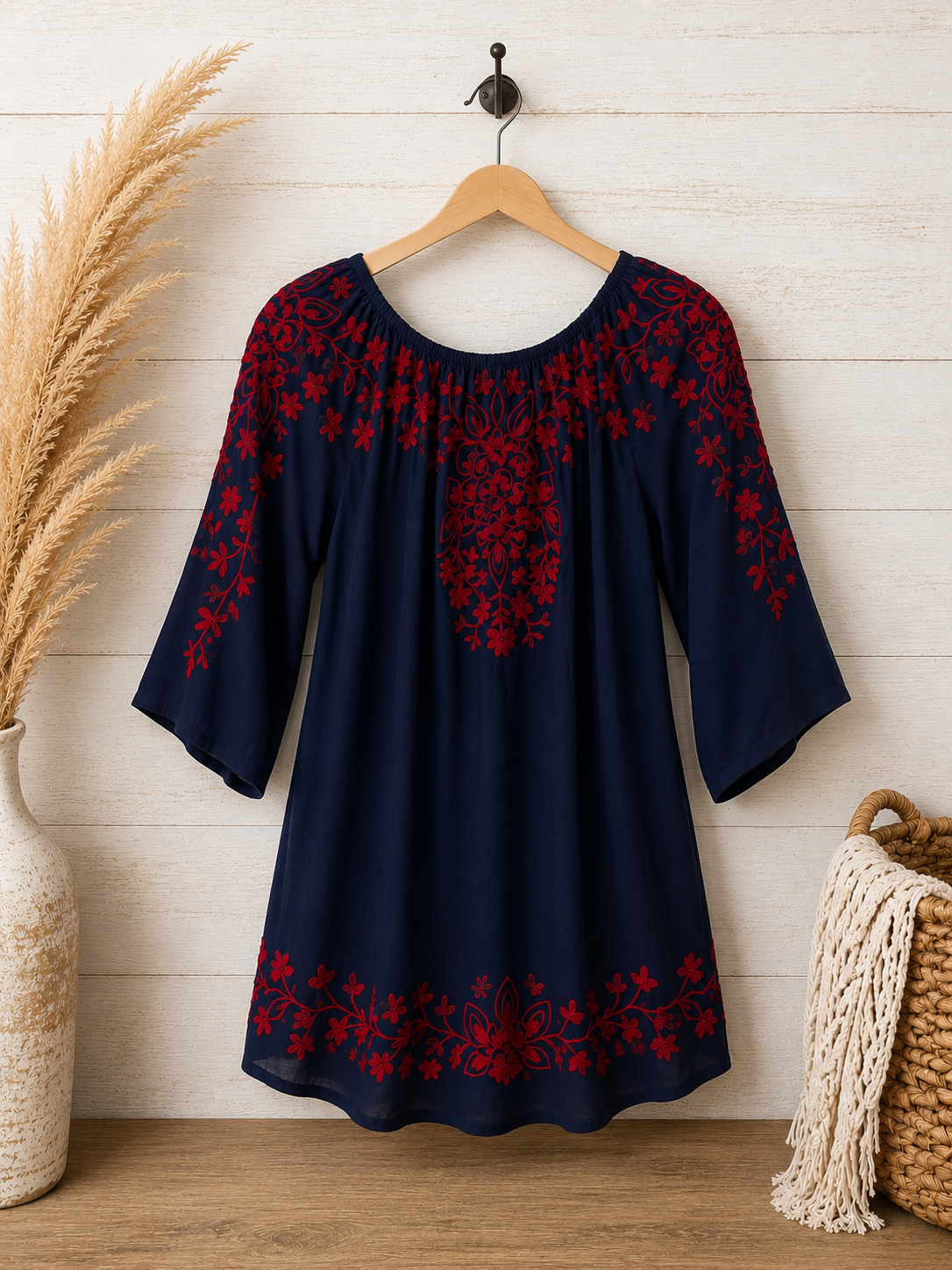 Midnight Bloom Embroidered Peasant Top